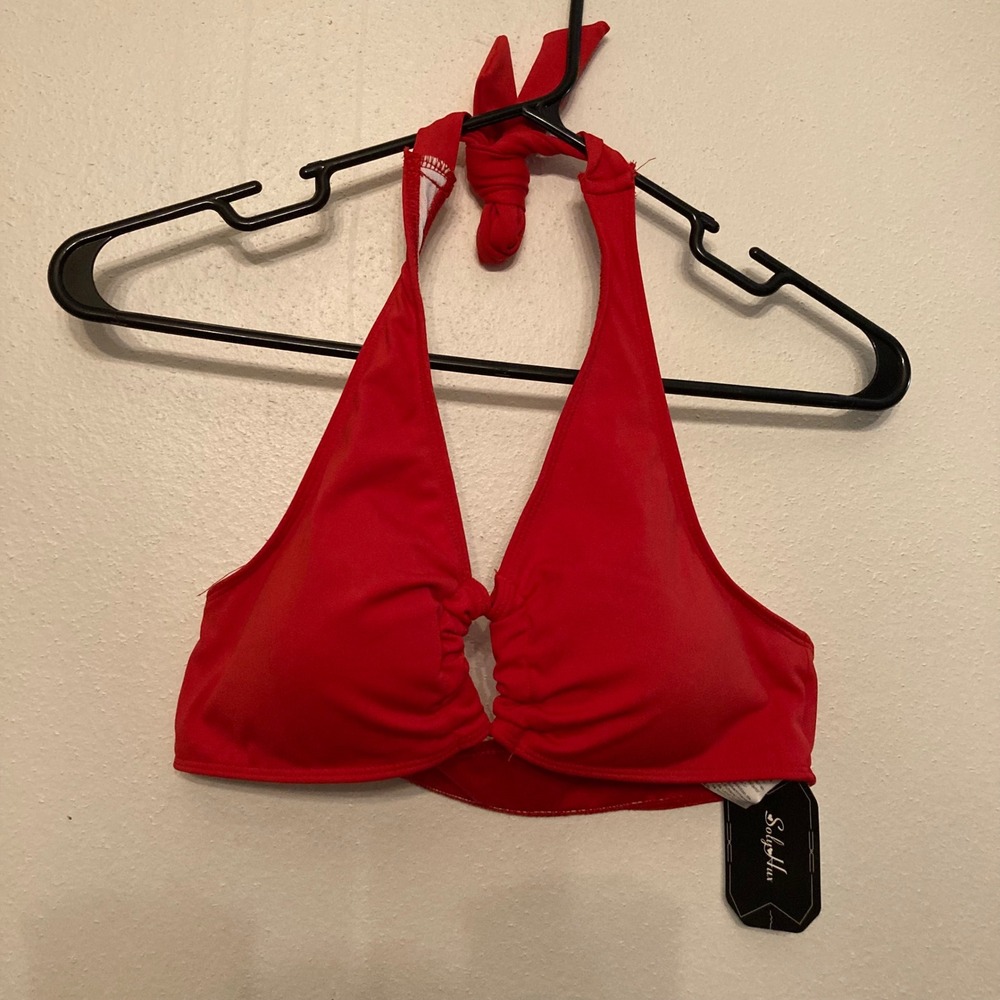 Soly Hux Bikini Top Womens Medium Red New Halter Ruched Keyhole Swimwear 29009